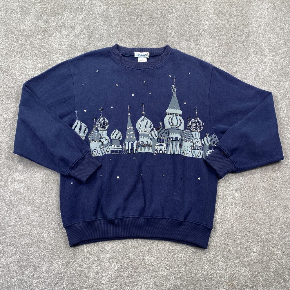 Vintage Jesus Christ Beaded Knit Sweatshirt Sail Away Women's Size L Navy Blue